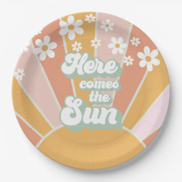 Plato De Papel Retro Aquí viene el Sol Daisy boho cumpleaños