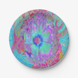 Plato De Papel Retro Arcoíris Psicodélico Flor de Hibisco Azul