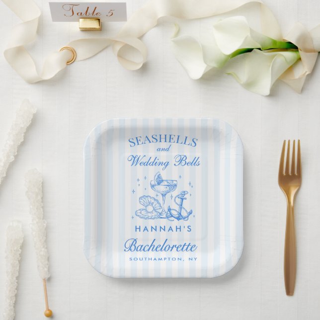 Plato De Papel Retro Azul Conchas Marinas y Campanas de Boda Desp (Boda)