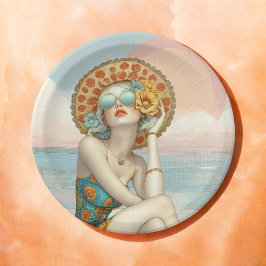 Plato De Papel Retro Beach Glam Elegante Mujer con gafas de sol