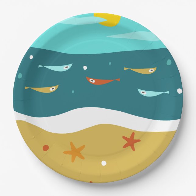 Plato De Papel Retro Beach Summer Mid Century Moderno (Anverso)