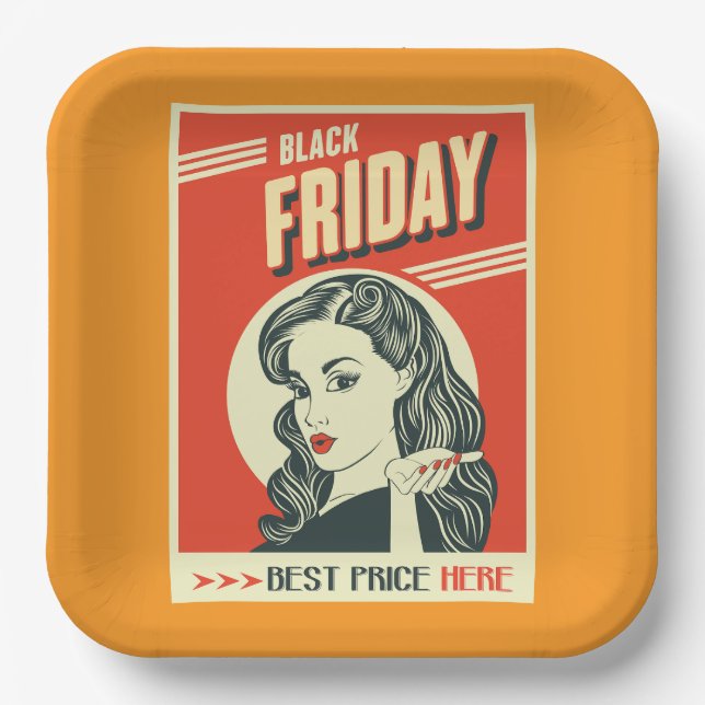 Plato De Papel Retro Black Friday Pop Art Pin-Up Girl (Anverso)