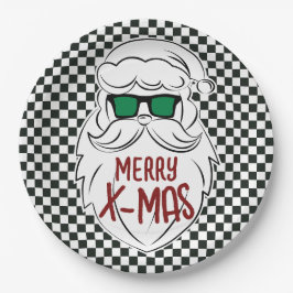 Plato De Papel Retro Black White Checkered Santa Claus Christmas