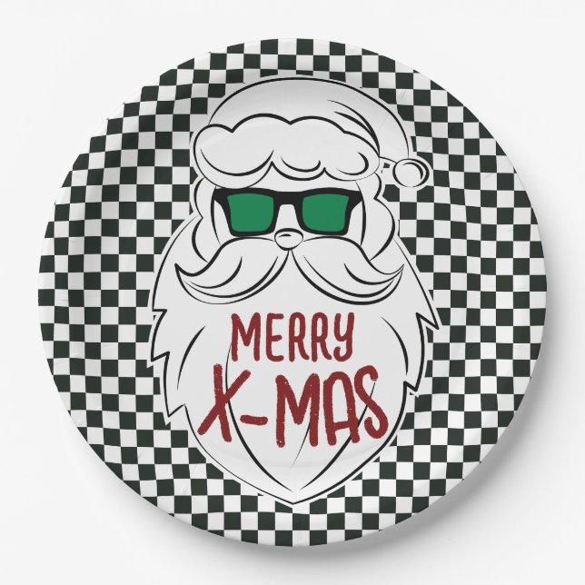 Plato De Papel Retro Black White Checkered Santa Claus Christmas (Anverso)