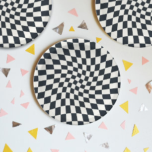 Plato De Papel Retro Black White Checks Warped Checkered
