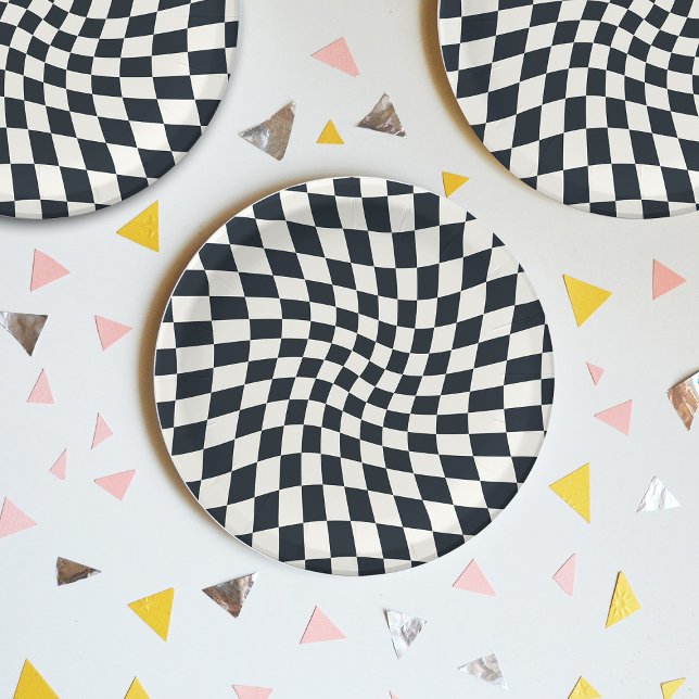Plato De Papel Retro Black White Checks Warped Checkered (Subido por el creador)