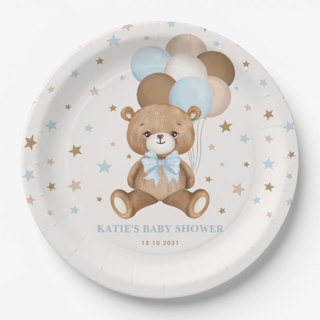 Plato De Papel Retro Blue Brown Teddy Bear Balloons Boy Fiesta (Anverso)