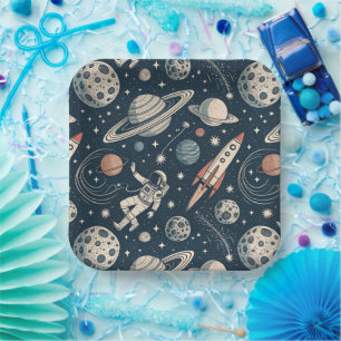 Plato De Papel Retro Blue Galaxy Exploration