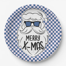 Retro Blue Pink Checkered Santa Claus Christmas