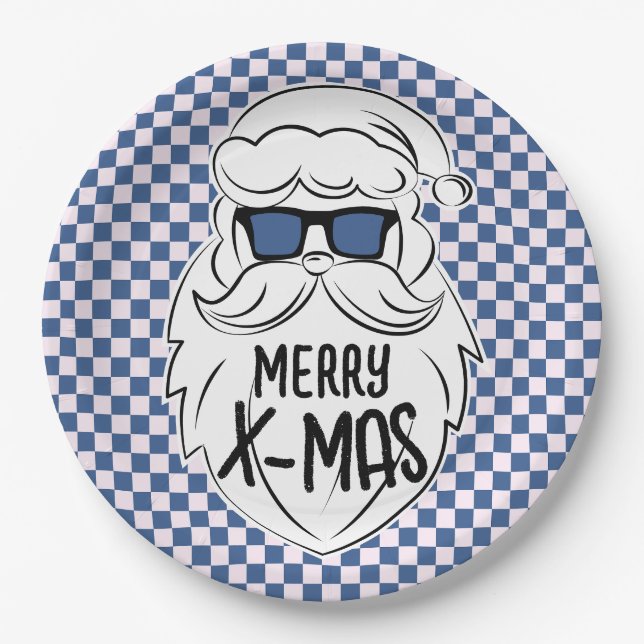 Plato De Papel Retro Blue Pink Checkered Santa Claus Christmas  (Anverso)