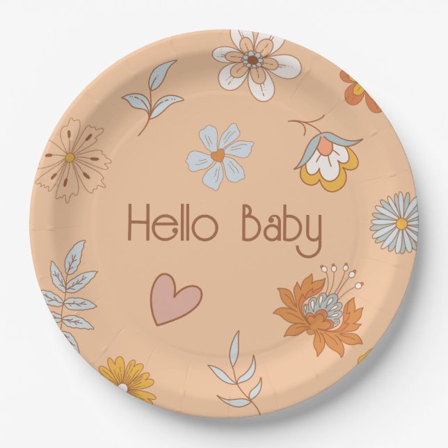 Plato De Papel Retro Boho Floral Baby Shower Hello Baby Tabware (Anverso)
