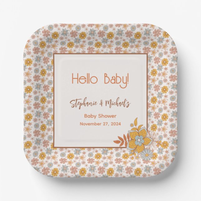 Plato De Papel Retro Boho Floral Baby Shower Sexo Neutral (Anverso)