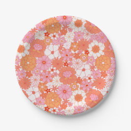 Plato De Papel Retro Boho Rosa Naranja Floral Flores Lindas