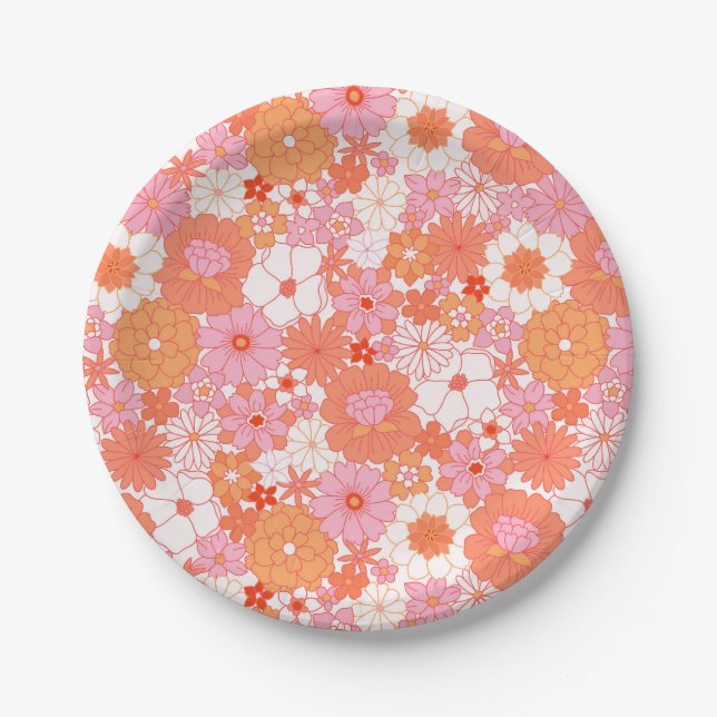 Plato De Papel Retro Boho Rosa Naranja Floral Flores Lindas (Anverso)