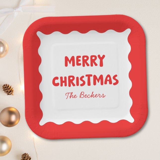 Plato De Papel Retro Bold Wavy Red Fun Personalizado Feliz Navida (Subido por el creador)