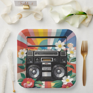 Plato De Papel Retro Boombox With Rainbows And Flowers