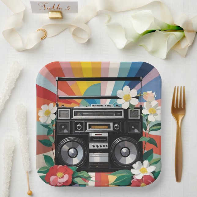 Plato De Papel Retro Boombox With Rainbows And Flowers (Boda)