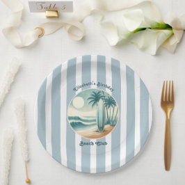 Plato De Papel Retro Cabana Stripes Beach Club Surfboard Cumpleañ