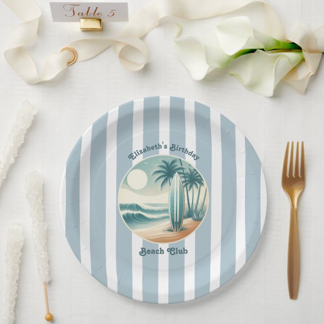 Plato De Papel Retro Cabana Stripes Beach Club Surfboard Cumpleañ (Boda)