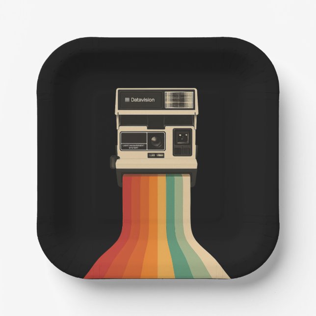 Plato De Papel Retro Camera with Rainbow Print (Anverso)