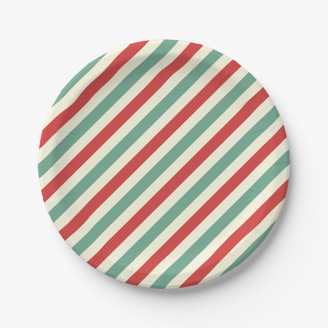 Plato De Papel Retro Candy Cane Navidades Strips Red Green (Anverso)