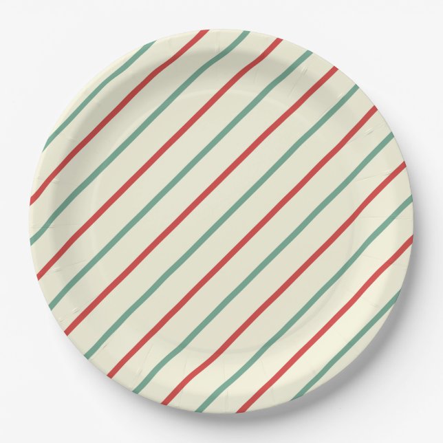 Plato De Papel Retro Candy Cane Navidades Strips Red Green (Anverso)