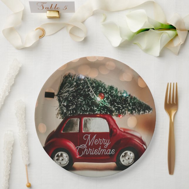 Plato De Papel Retro Car Carrying Christmas Tree Paper Plates (Boda)