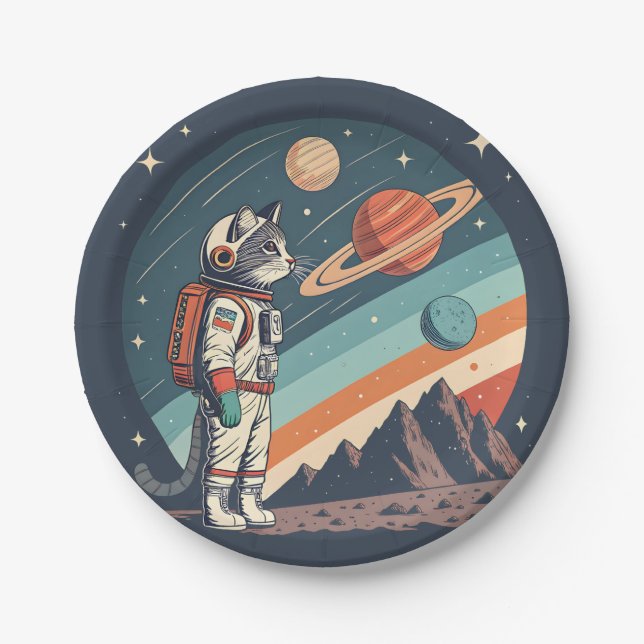 Plato De Papel Retro Cat Astronaut Cosmic Space Illustration (Anverso)