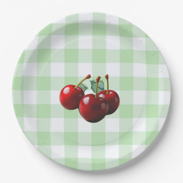 Plato De Papel Retro Cherries fresh picked green gingham (Anverso)