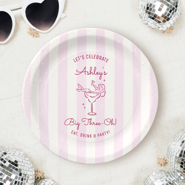 Plato De Papel Retro Chic Pink Hand Drawn Cocktail 30th Birthday (Subido por el creador)
