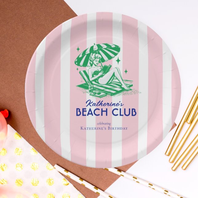 Plato De Papel Retro Chica Beach Club Pink Stripes Birday Party (Subido por el creador)