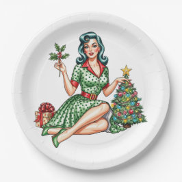 Plato De Papel Retro Christmas Pin-Up Paper Plate