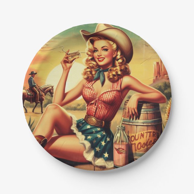 Plato De Papel Retro Cute Cowgirl (Anverso)