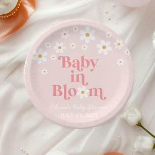 Plato De Papel Retro Daisy Bebé Rosa Bebé en Bloom Baby Shower