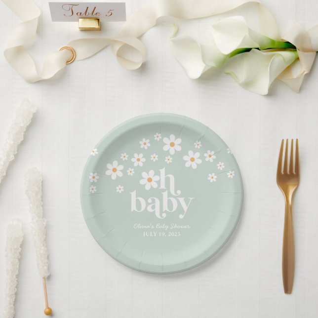 Plato De Papel Retro Daisy boho Baby Shower green Paper Plate (Boda)