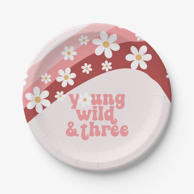Plato De Papel Retro daisy boho floral 3 cumpleaños (Anverso)