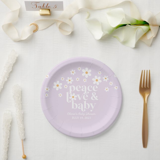 Plato De Papel Retro Daisy boho Paz Amor Ducha de bebé lila (Boda)