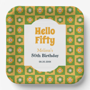 Plato De Papel Retro Daisy Flower Checkered Hola Cincuenta Cumple