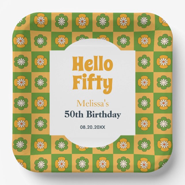 Plato De Papel Retro Daisy Flower Checkered Hola Cincuenta Cumple (Anverso)