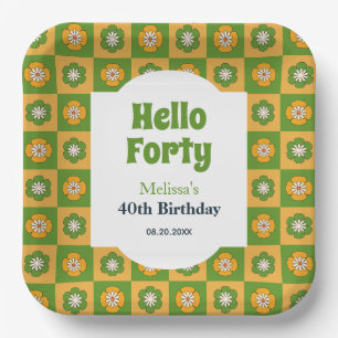 Plato De Papel Retro Daisy Flower Checkered Hola Cuarenta Cumplea