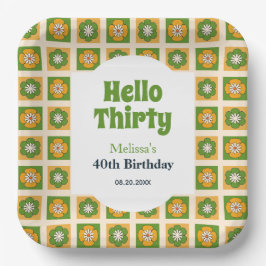 Plato De Papel Retro Daisy Flower Checkered Hola Treinta Cumpleañ