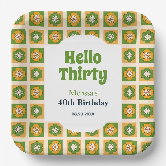 Plato De Papel Retro Daisy Flower Checkered Hola Treinta Cumpleañ (Anverso)