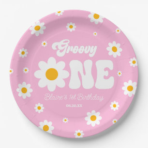 Plato De Papel Retro Daisy Flower Groovy Primer Fiesta de cumplea