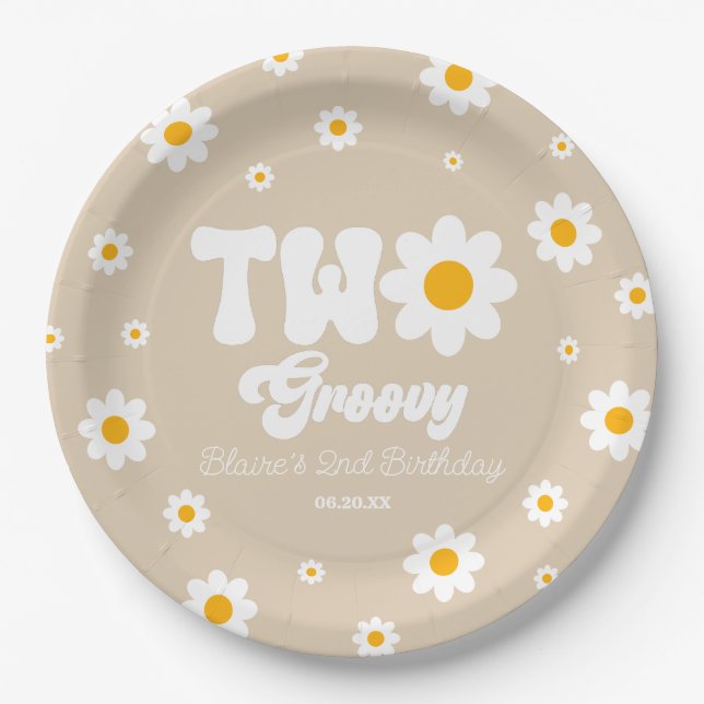 Plato De Papel Retro Daisy Flower Two Groovy 2º Fiesta de cumplea (Anverso)