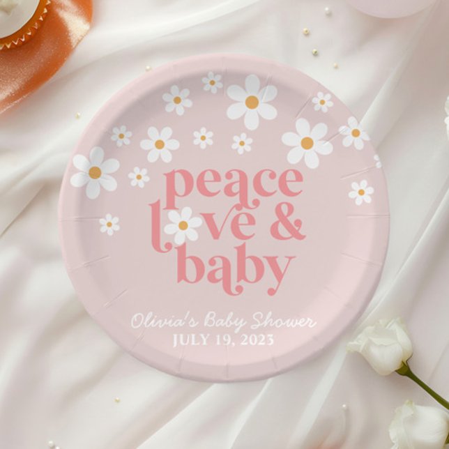 Plato De Papel Retro Daisy Pink Boho Peace Love Baby Shower (Subido por el creador)