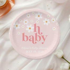 Plato De Papel Retro Daisy Rosa ducha de bebé boho