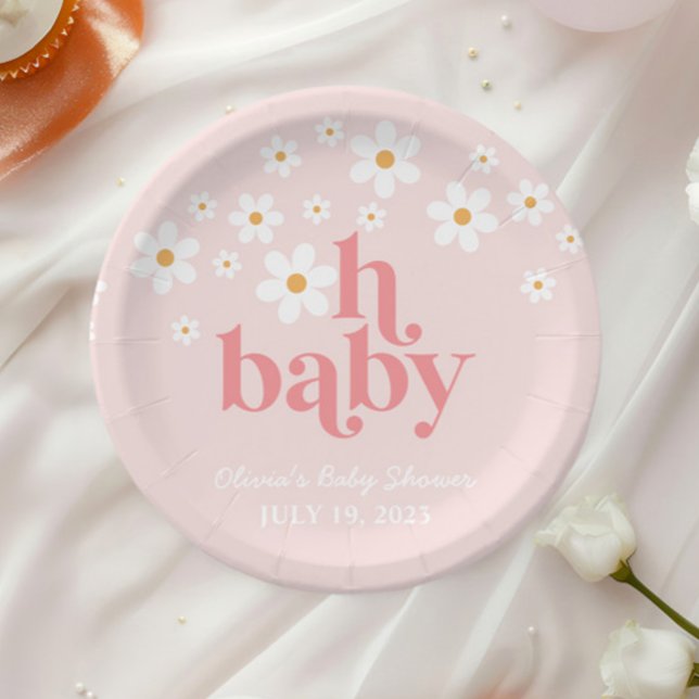 Plato De Papel Retro Daisy Rosa ducha de bebé boho (Subido por el creador)