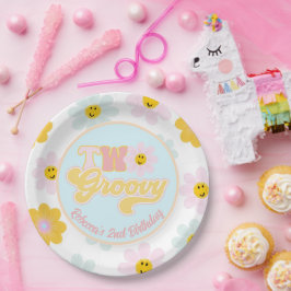 Plato De Papel Retro Daisy Two Groovy Birthday Personalizado Pape