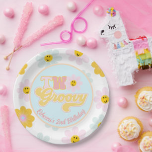 Plato De Papel Retro Daisy Two Groovy Birthday Personalizado Pape
