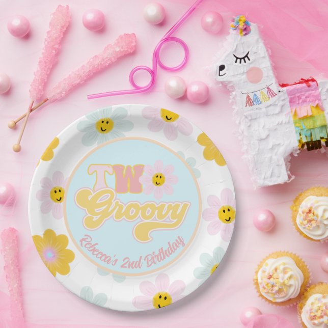 Plato De Papel Retro Daisy Two Groovy Birthday Personalizado Pape (Fiesta)